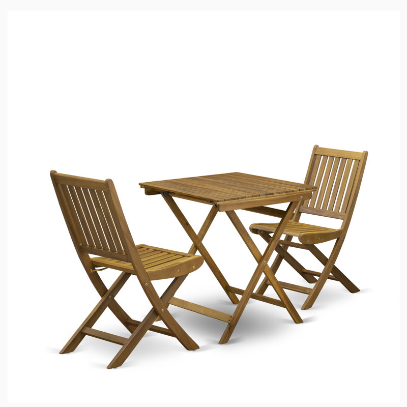 Ensemble bistro extérieur 3 pièces comprenant une table basse carrée en bois d'acacia et 2 chaises pliantes, 66 x 66 cm, finition huilée naturelle.