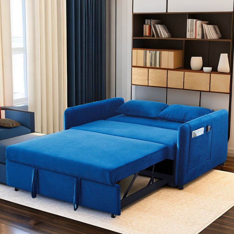 Causeuse-lit en velours avec lit escamotable Rubinder, Velours bleu marine