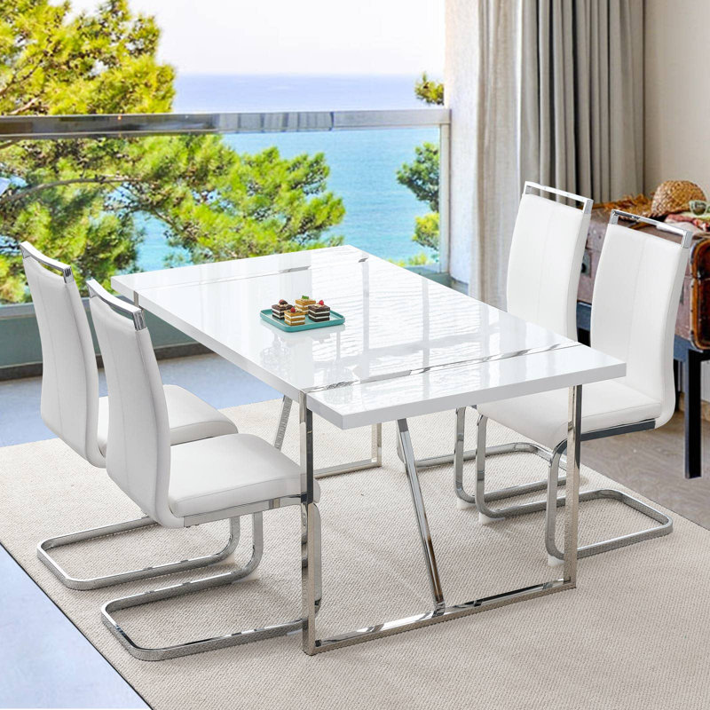 4 - Person Dining Set, Modern Rectangular Dining Table Set with 4 Luxury Faux Leather Dining Chairs, Silver, White/Silver