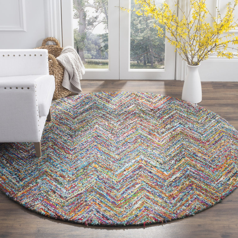 Tapis bleu / multicolore en coton touffeté à la main Anaheim, Rond 6 pi