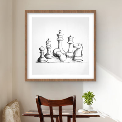 Pièces d'échecs - Reproduction encadrée monochrome pour la décoration intérieure