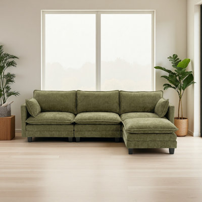 Ensemble de canapé moderne en chenille, canapé 3 places avec repose-pieds individuel assorti, mobilier de salon modulaire avec ports USB intégrés et poches latérales