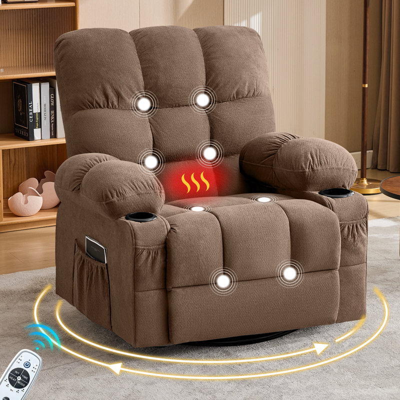 Fauteuil inclinable pivotant surdimensionné PlushGlide avec massage par vibration et chauffage lombaire, Brown