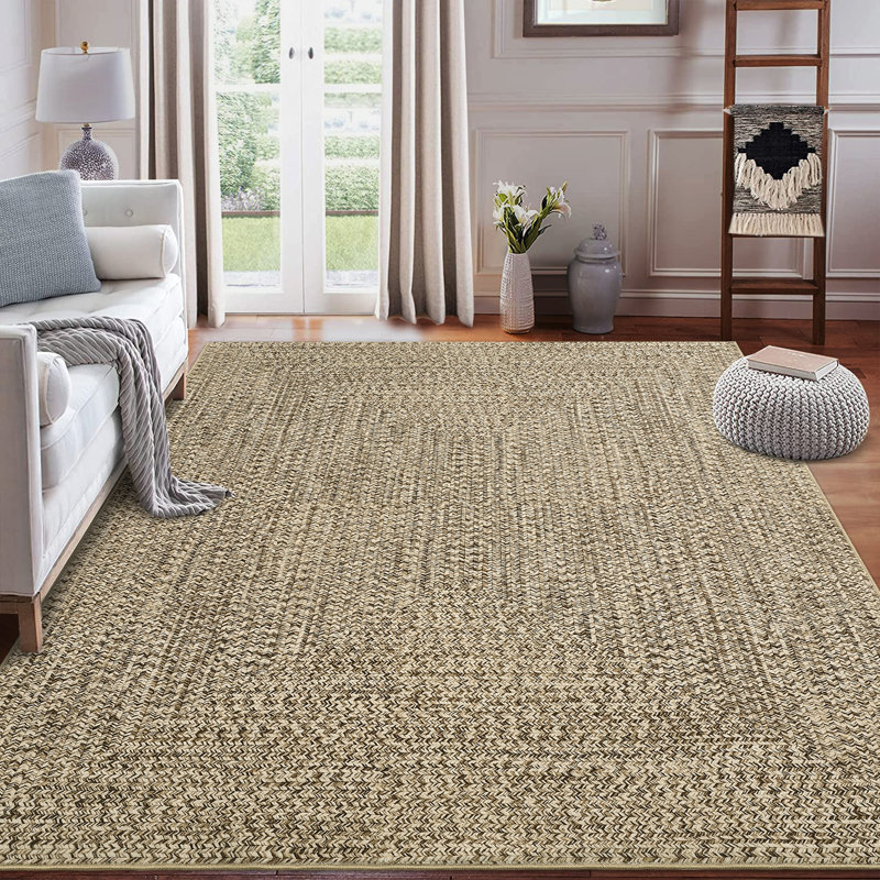 Braided Printed Texture Machine Washable Rug with Rubber Backing for Living Room Non-Slip Dining Room Rug Easy-Cleaning Floor Carpet for Bedroom