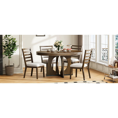 Round Dining Table for 4 with Chairs Set, Extendable Dining Table Set with 16" Removable Middle Leaf, 5 Piece Retro Dining Table Set Unique Geometric