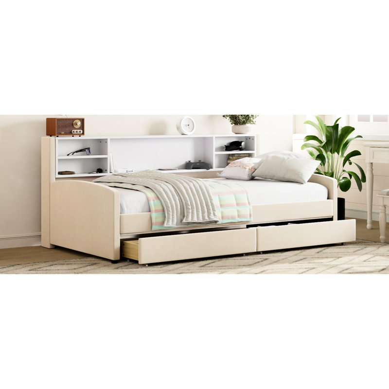 Lit simple rembourré en velours beige avec rangement supplémentaire et roulettes -, revêtement de tiroir pratique, tête de lit confortable, spacieux pour la literie d'articles personnels,