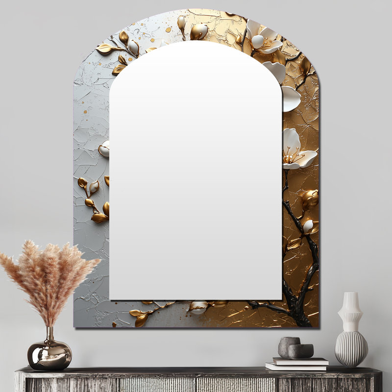 White Gold Cherry Blossom Branch - Cherry Blossom Arch Decorative Mirror, Traditional Asymmetrical Wall Mirror, Printed Metal Art