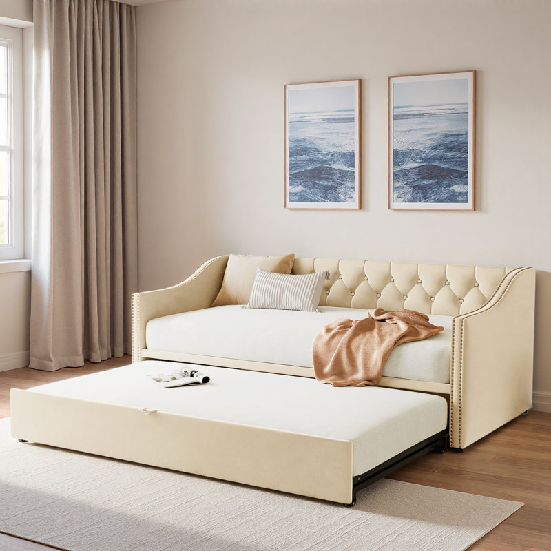 Lit de jour rembourré avec lit gigogne, Beige