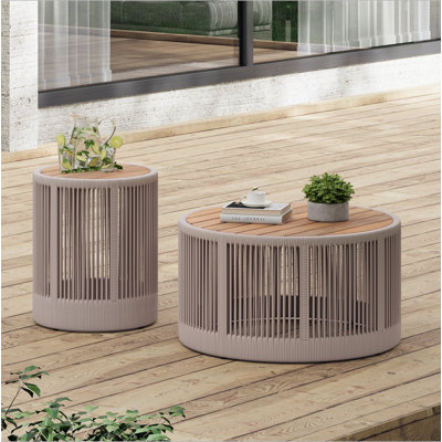 Ensemble de table industrielle rustique, table basse et table d'appoint avec design en corde tissée, ensemble de table moderne et fonctionnel pour le salon et la décoration intérieure