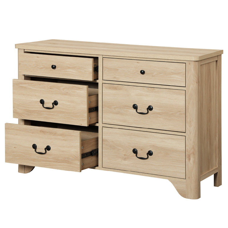 Haikey 47.2" W Double Dresser, 6 Drawer Dresser, Modern Dresser Drawer Chest, Oak