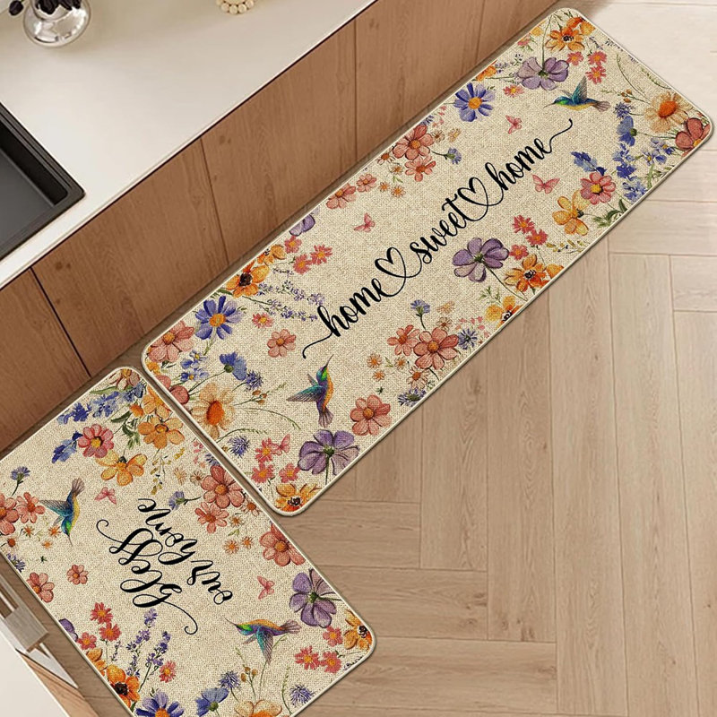 Flower Spring Kitchen Mats - Multi - Set Of 2 Non-Slip Rubber Backed Floor Rugs, Wildflower Summer Design For Kitchen, Sink, Office, Laundry