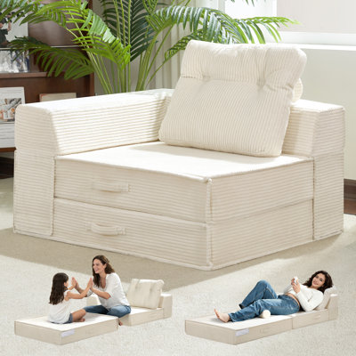  4-in-1 Convertible Floor Sofa Chair, Corduroy Foldable Sleeper Couch Bed with Armrests & Support Pillows