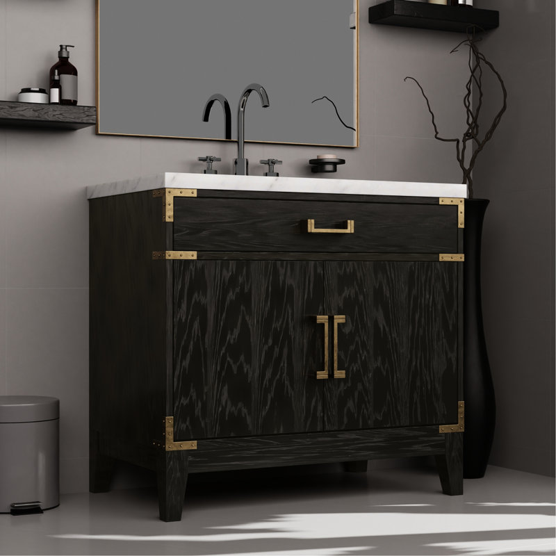 Meuble-lavabo simple en chêne noir 36 po - Panneaux de rangement de salle de bain entièrement assemblés avec cadre en bois massif