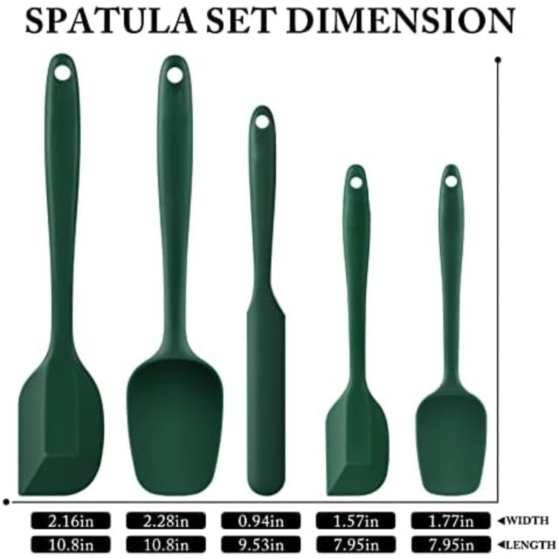 Ensemble de 5 spatules en silicone sans BPA, résistantes à la chaleur jusqu'à 315 °C (600 °F), idéales pour la cuisine, la pâtisserie et le mélange dans les ustensiles antiadhésifs. Compatibles lave-vaisselle. Couleur : vert foncé.