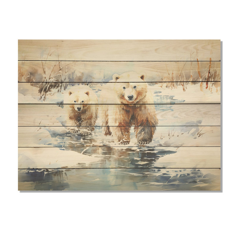 Ours polaires des neiges en hiver I - reproduction d'ours sur bois, H 24 po x l 32 po