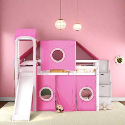 Verity Loft Bed With Tent And Tower, Rustic Pinewood And MDF