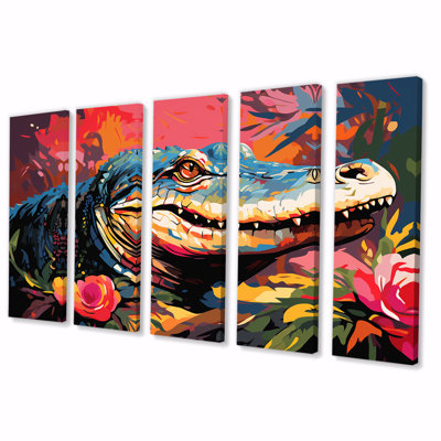 Popart alligator Blooms II - ensemble d'art mural en alligator / crocodile 5 pièces