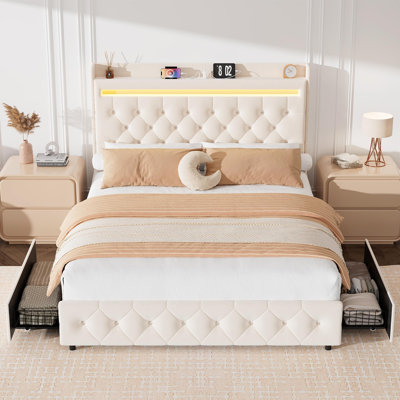 Full Size White Velvet Bed Frame with LED Headboard Storage Drawers Charging Station Easy Assembly