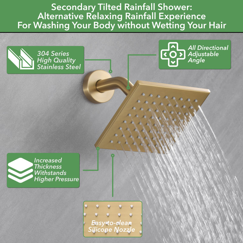 Brushed Gold Wall Mounted Shower System with Push Button Diverter