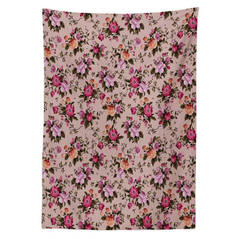 Ambesonne Flower Tablecloth, Floral Pattern With Roses Twig Warm Colors Flower Arrangement Bouquets, Rectangular Table Cover For Dining Room Kitchen Decor, 52" X 70", Tan Pink Dark Green