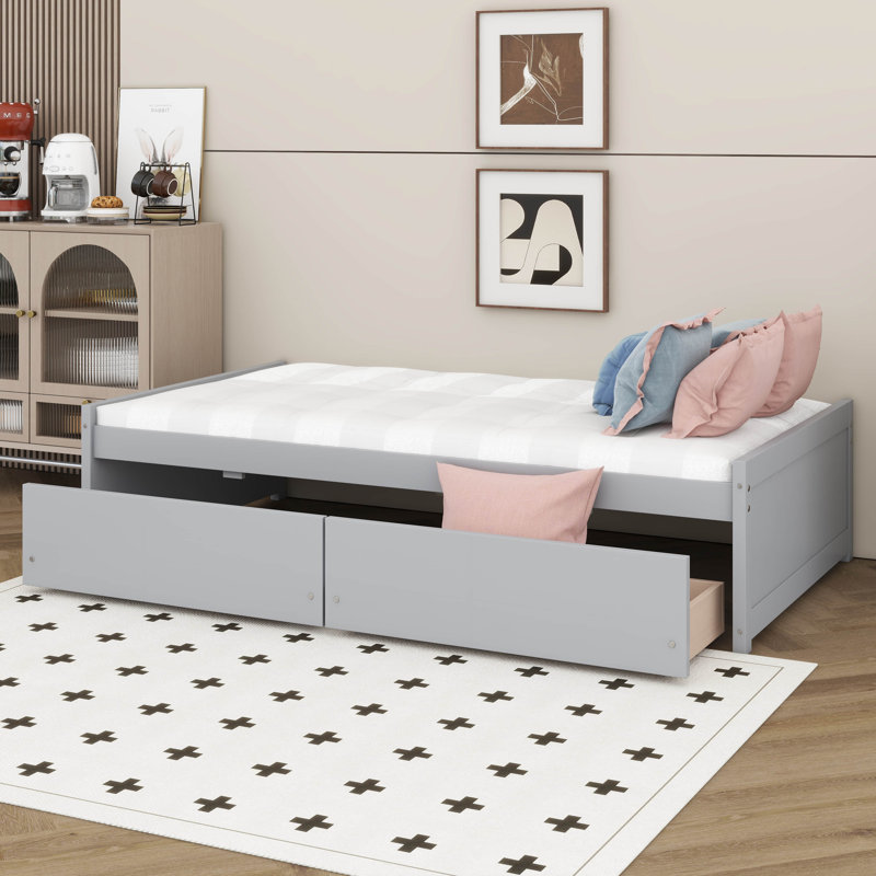 Lit plateforme simple avec rangement, lit de jour en bois d'hévéa massif avec tiroirs de rangement, cadre de lit d'angle, support à lattes en bois