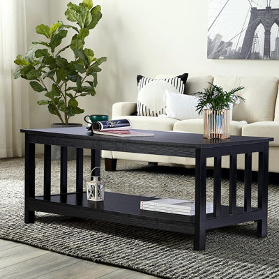 Mission Coffee Table, Black Wood Living Room Table With Shelf, 40 Black