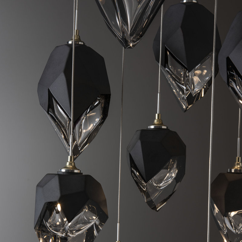 Chrysalis 9 - Light Cluster Geometric Pendant, Black Polished Crystal, Modern Brass, 15" - 80"