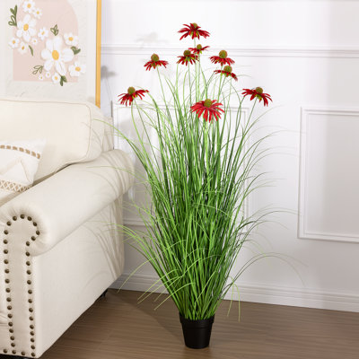 48" Artificial Potted Grass With Flowers