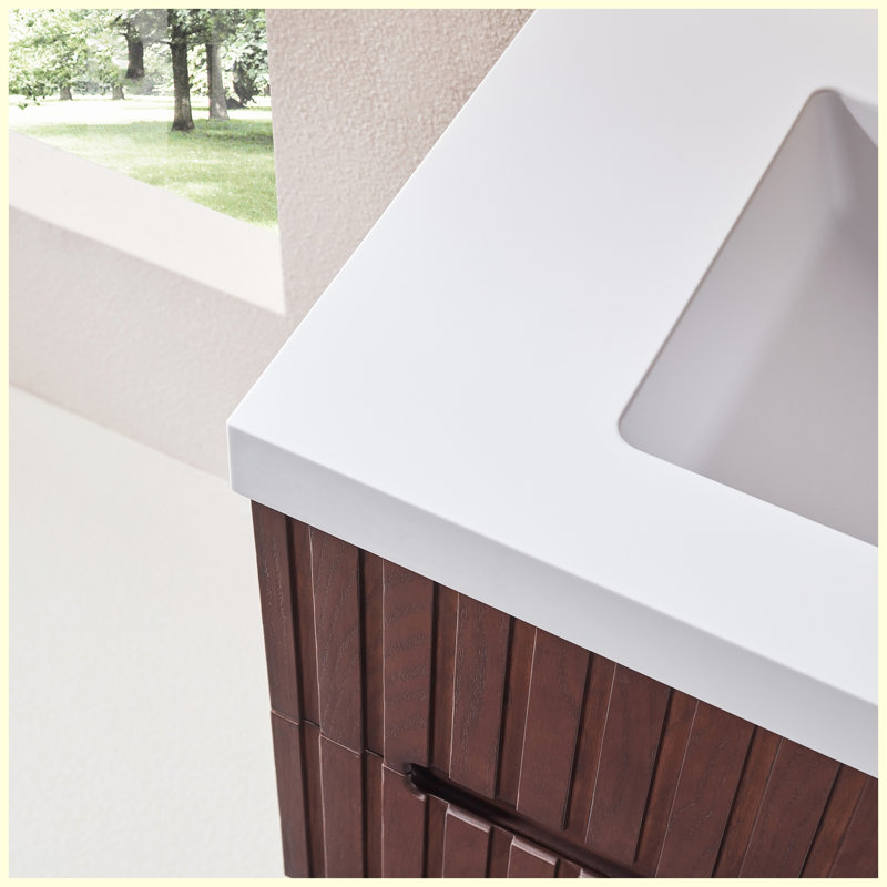 Meuble-lavabo flottant mural 24 po avec lavabo en acrylique intégré blanc, armoire en contreplaqué pré-assemblée avec 2 tiroirs, noyer foncé