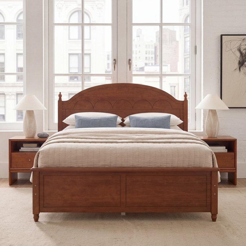 King size Wooden Bed Frame with Arched Headboard and Classic Design,Oak, Oak, King