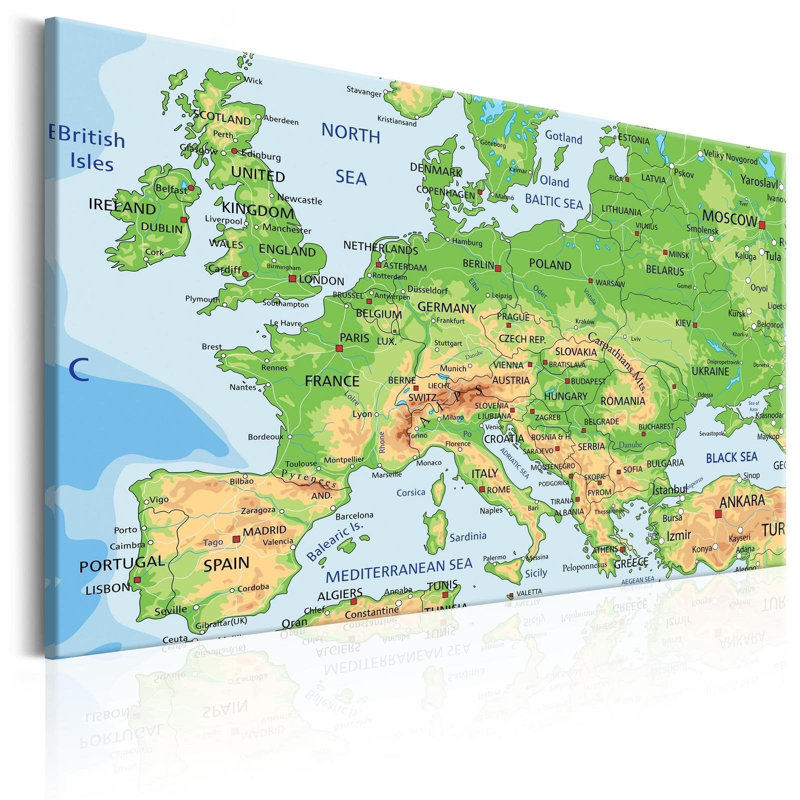 Carte de l'Europe sur toile, H 16 po x l 24 po x P 0,7 po