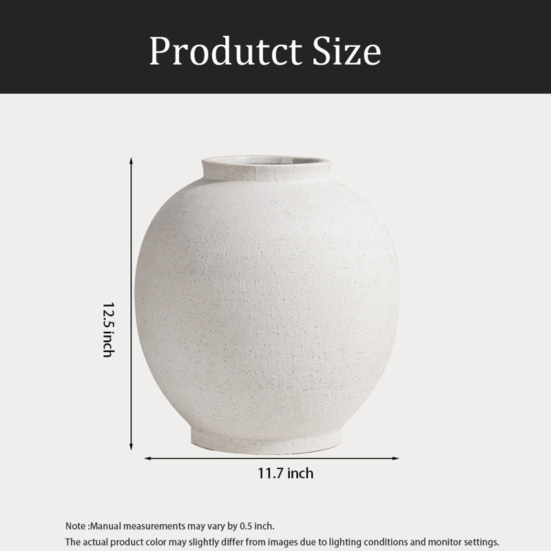 White Ceramic Vase, Round Floor Vase For Home Decor, 12.5" H x 11.7" W x 11.7" D
