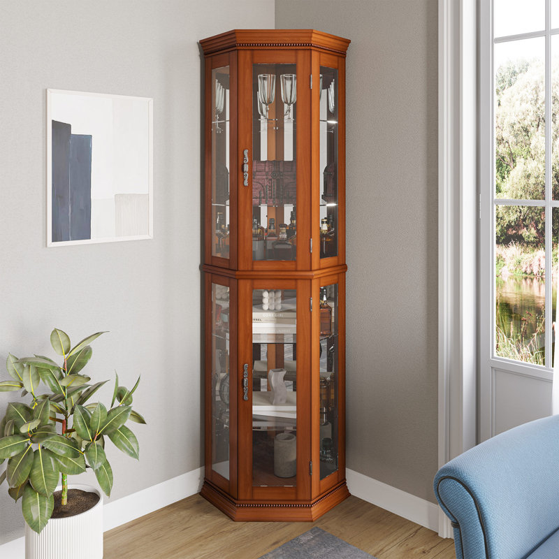 21.5" W Lighted Corner Curio Cabinet, Oak
