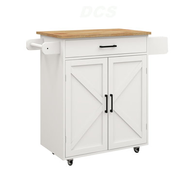 Kitchen Island Rolling Trolley Cart With Adjustable Shelves & Towel Rack & Seasoning Rack Rubber Wood Table Top-White, Kitchen Island
