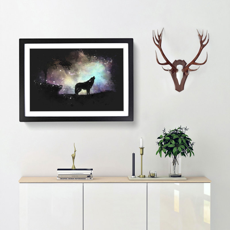 Howling Wolf with a Galaxy Forest - Picture Frame Graphic Art Print, 33cm H x 45cm W x 2cm D, Black Framed