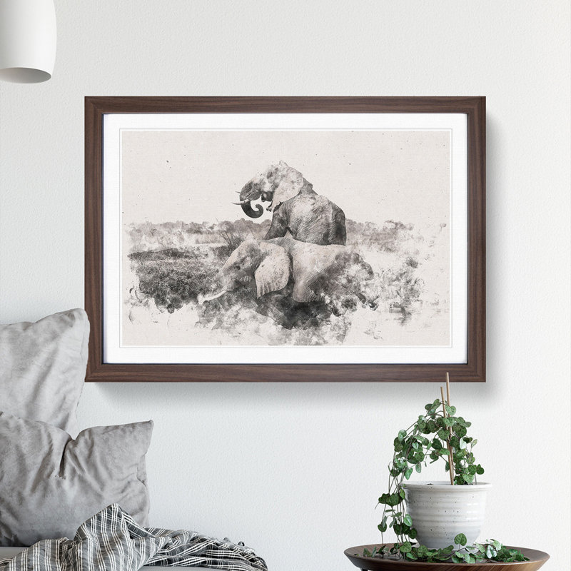 Two Elephants 1 Piece Single Picture Frame Wall Art on MDF, 62cm H x 87cm W x 2cm D, Walnut