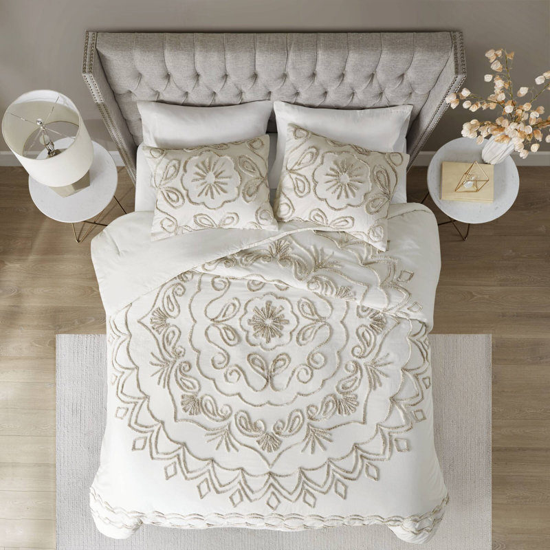 Violette 3 Piece Tufted Cotton Chenille Duvet Cover Set, Full / Queen Duvet Cover + 2 Standard Shams