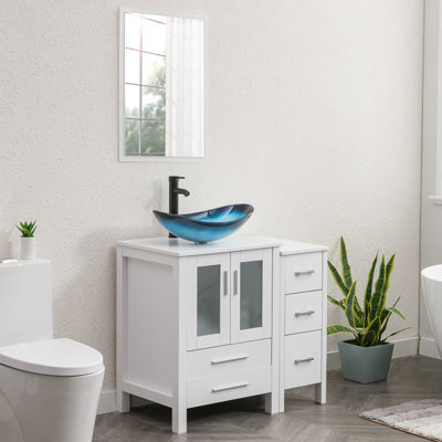 Breahnna 36'' Free Standing Single Bathroom Vanity with Glass Top with Mirror