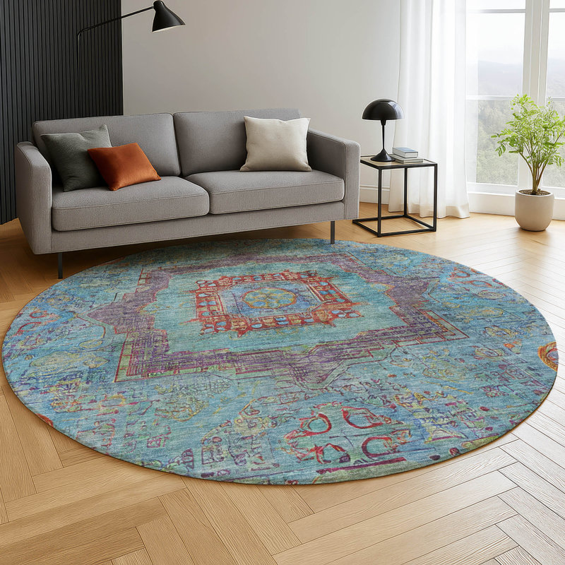 Premium Machine Washable Mayfield AMF2159 global Rug, Teal, Round 8'