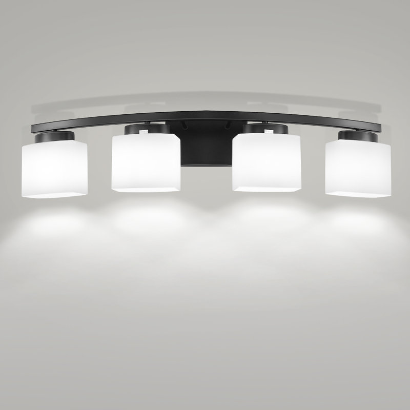 Éclairage pour meuble-lavabo carré 4 lumières moderne pour salle de bain, chambre à coucher avec bras courbés et abat-jour en verre blanc laiteux