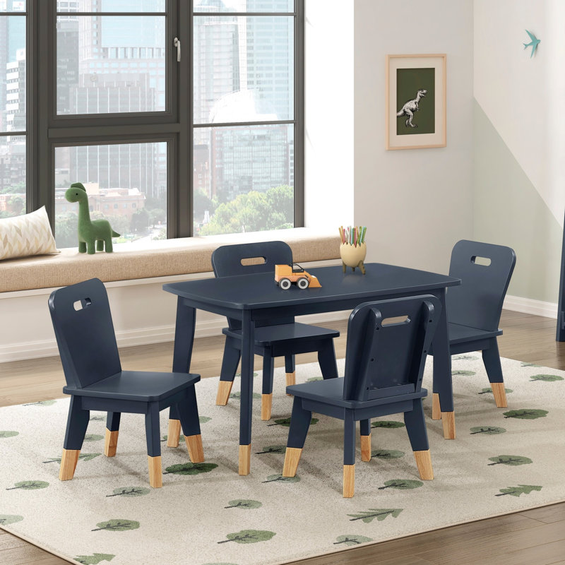 5 Table et chaises bleu marine, matériau en bois, chaises 2 tons, fabrication idéale pour les chaises de jeu, 4 places