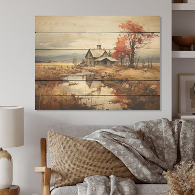 Peaceful Barnyard Landscape - Art mural en bois de ferme sur bois de pin naturel