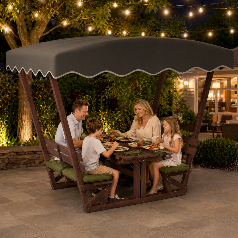 Ensemble de table de pique-nique et de banc d'extérieur en bois massif imperméable avec auvent amovible, ensemble de salle à manger rectangulaire en bois toutes saisons pour patio, jardin, terrasse, parc et plage