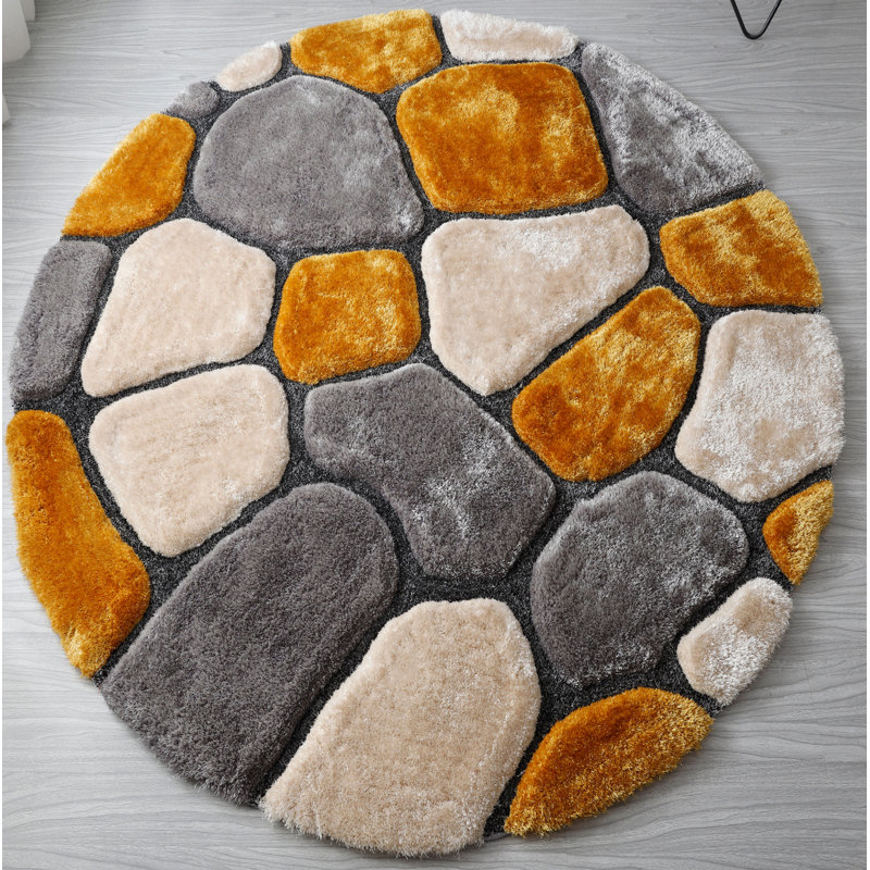 Thionville Abstract Shag Mustard/Gray/Beige Area Rug, Round 7'