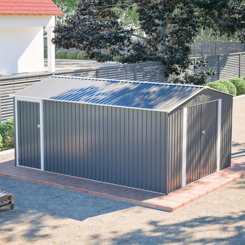 Remise de rangement extérieure en métal 10 x 14 pi, grande remise à outils de jardin avec 3 portes verrouillables et porte latérale, bâtiment de cour imperméable avec 4 bouches d'aération pour la cour, le patio et le gris clair