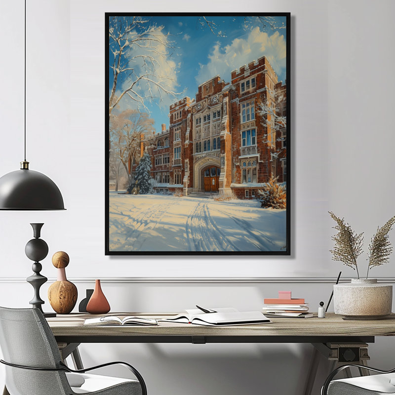 «Blue Brown Campus Building In Winter - College & University Buildings», impression d'art mural, Cadre flottant noir