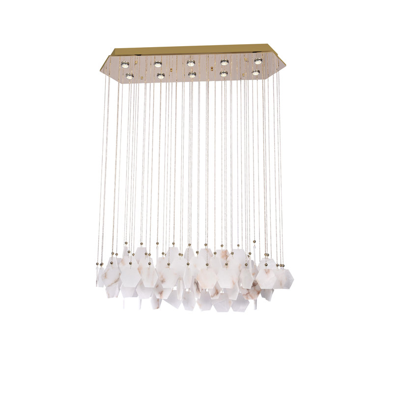 Lustre 10 lumières en acier inoxydable doré avec blocs d'albâtre espagnol