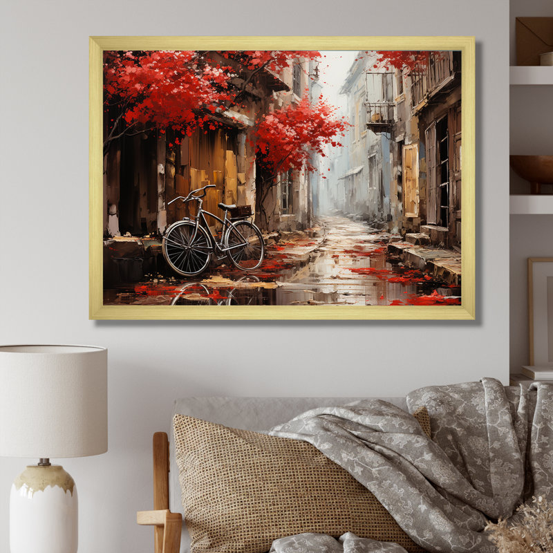 Crimson Ride Red Flowers I - Art mural de bicyclette pour le salon, Cadre doré, H 16 po x l 32 po x P 1 po