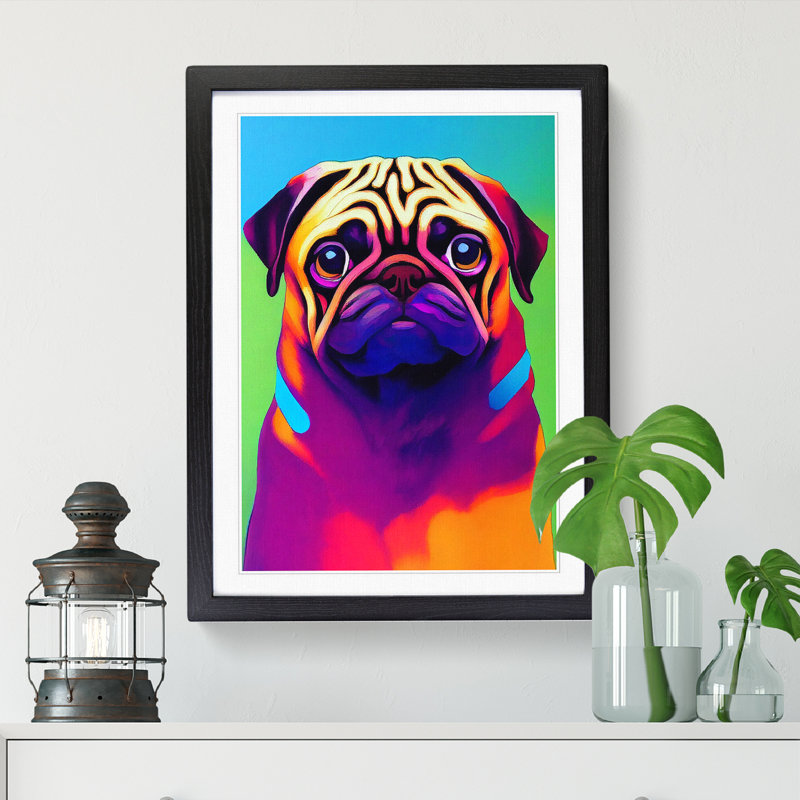 Pug Dog Color 1 Piece Single Picture Frame Painting, 34cm H x 25cm W x 2cm D, Oak