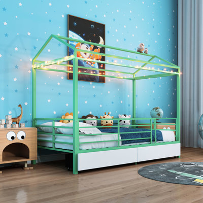 Twin Bunk Metal Floor Bed, House Bed For , Low - Design Comfortable Sleep, Guardrail , No Box Spring Required Modern And , Frame, Profile Easy Entry, Stability, Needed